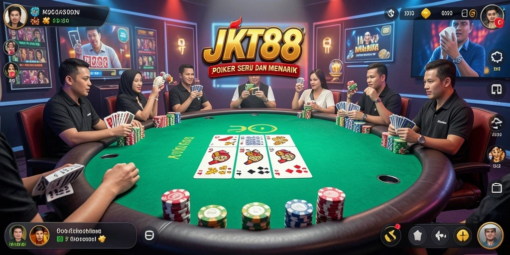Tangkapan layar gameplay JKT88 menampilkan suasana permainan Poker yang mendebarkan.
