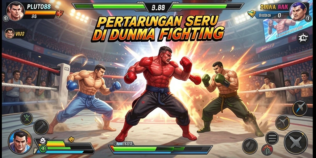 Tampilan seru saat karakter bertarung di arena PLUTO88.