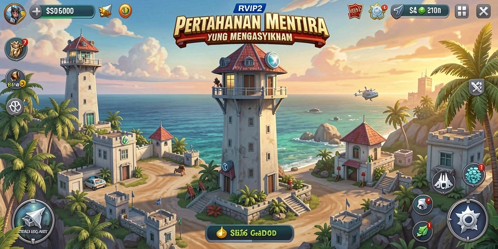 Tampilan menara pertahanan dengan berbagai efek serangan dalam RVIP2.